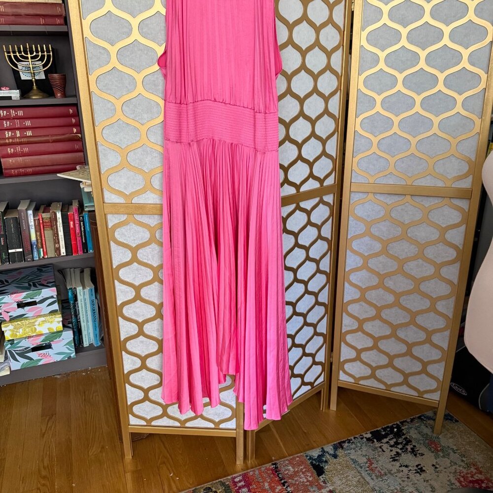 A.L.C. Size 6 Pink Satin Renzo Sleeveless Pleated Smocked Blouson Midi Dress - Picture 4 of 16